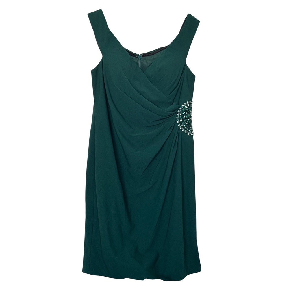 Oleg Cassini Juniper Green Crepe Off Shoulder Beaded Cocktail Dress 14 NWT